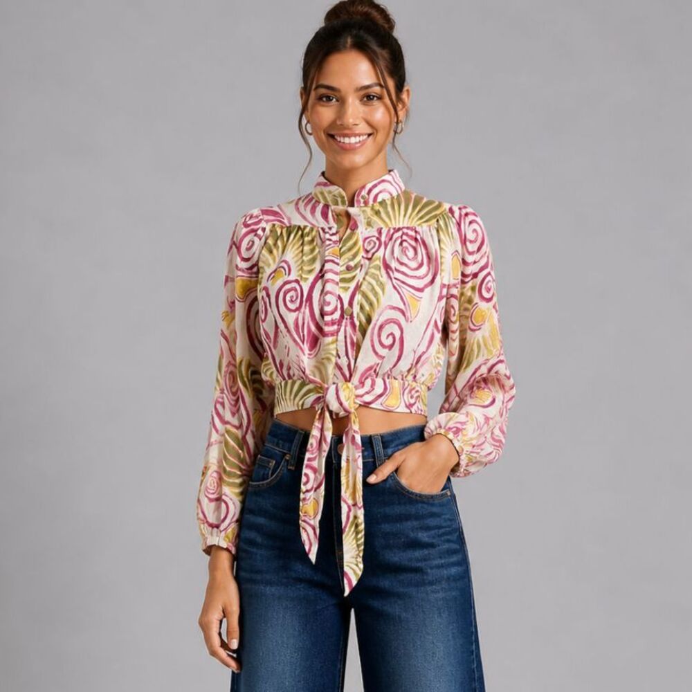 CHRISTIAN SIRIANO New York Linen Blend Crop Top Tie Front Long Sleeve Sz S